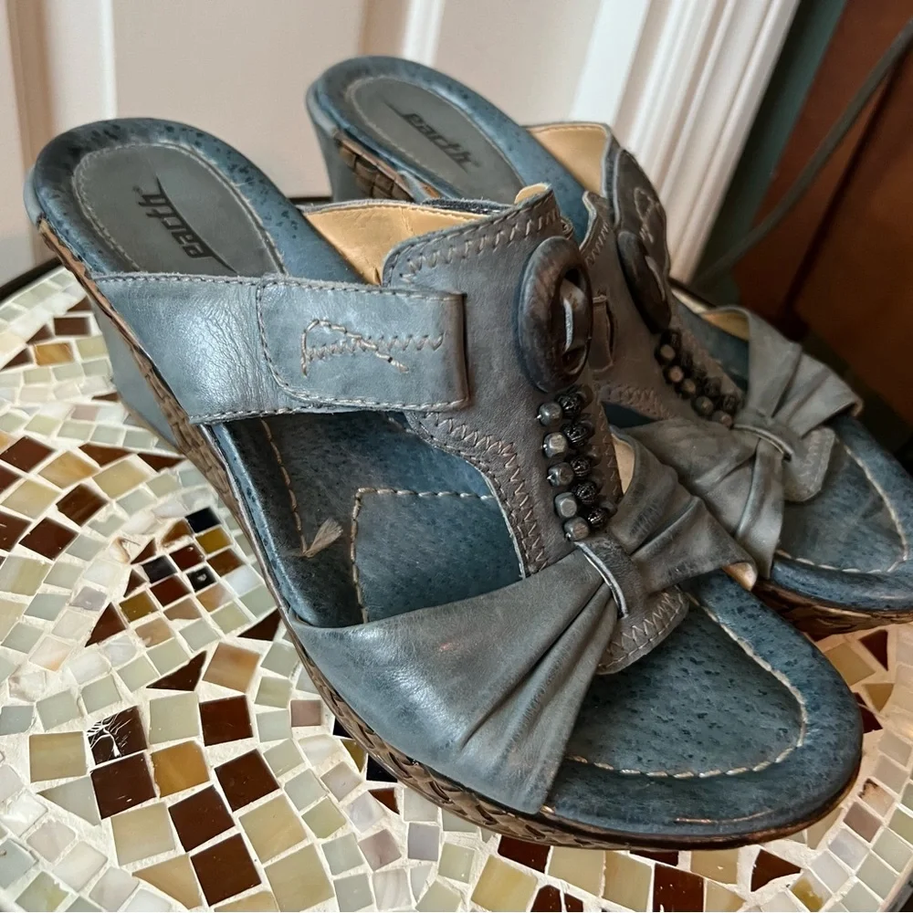 Earth Moraccan Blue Eden Adjustable Beaded Lattice Wedge Sandals Boho EUC 10B